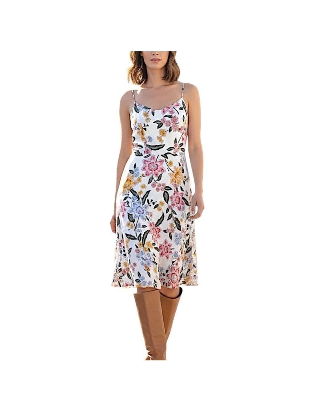 Ivory pink blue floral boho cottagecore fit n flare summer cami midi dress S